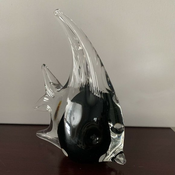 Murano Glass Art Hand Blown Glass Angelfish Clear Black Tropical Figurine 7.5" - Picture 5 of 8